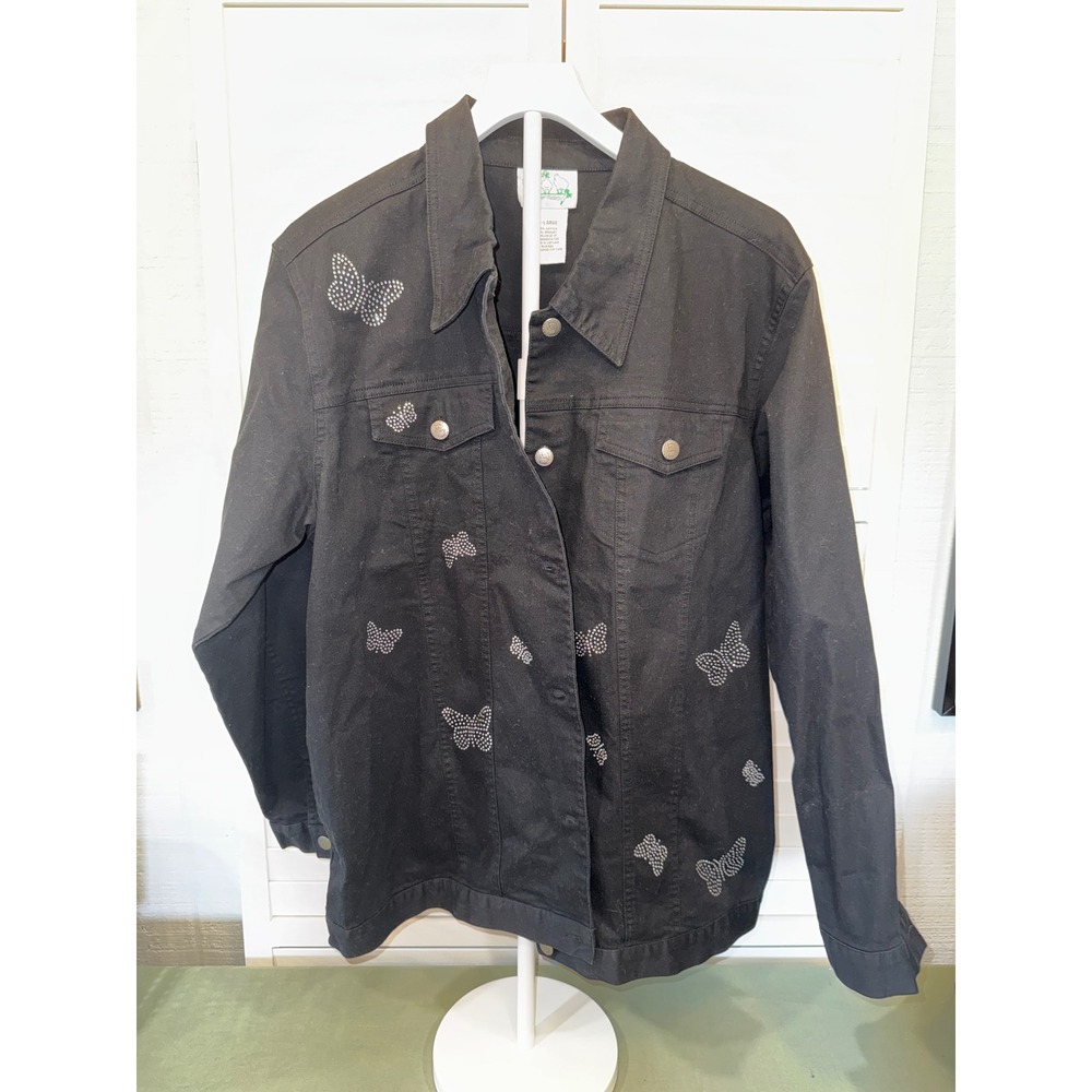 Quacker Factory Denim Jacket Womens Black Rhinestone Butterfly XL